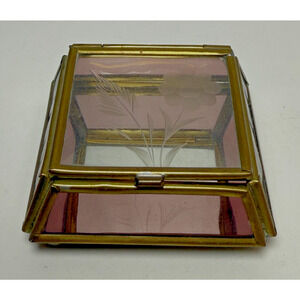 Vintage Via Vermont Tinted Purple Glass Jewelry Trinket Box Casket Brass Floral